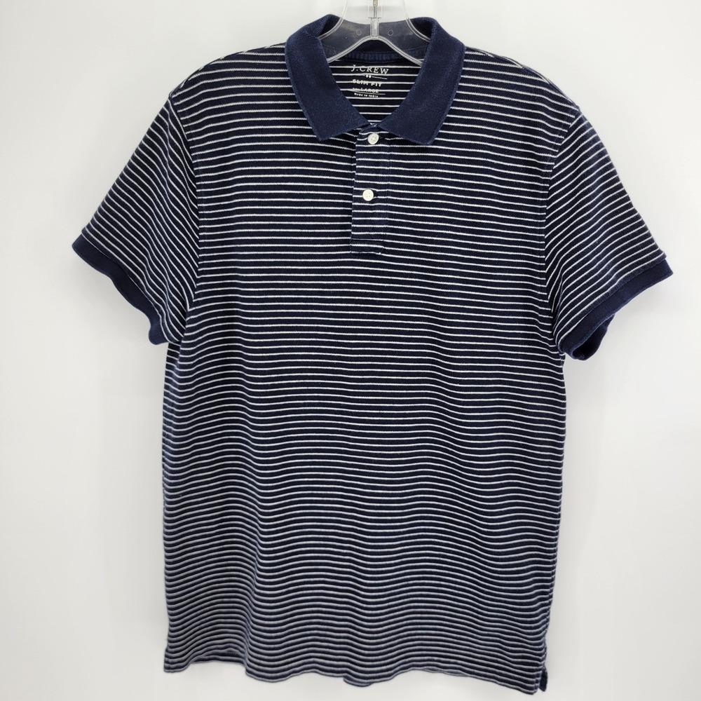 J.Crew Slim Fit Polo Shirt Mens Large Navy Blue White Striped Short Sleeve Pique